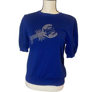 Lobster embellished puff sleeve sweater short sleeve royal blue preppy coastal